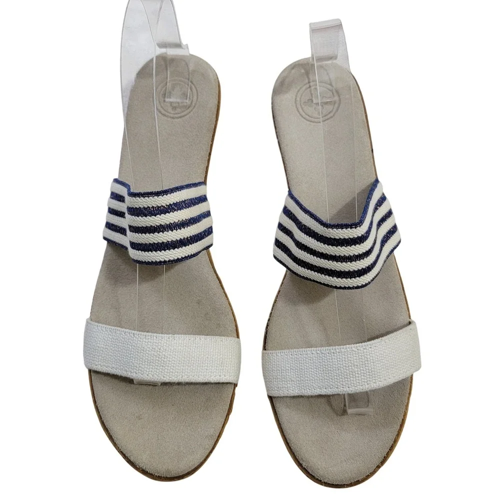 Charleston Shoe Co NEW‎ Cecilia II Navy White Striped Low Wedge Slide Sandals 10